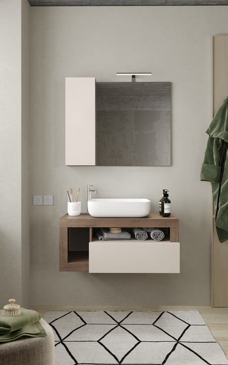 Lorenzo Cashmere and Mercure Oak 1 Drawer 920mm Wall Hung Vanity Unit with Basin - FurniComp