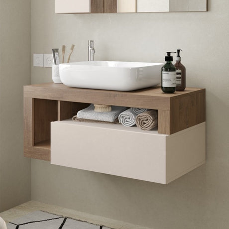 Lorenzo Cashmere and Mercure Oak 1 Drawer 920mm Wall Hung Vanity Unit with Basin - FurniComp