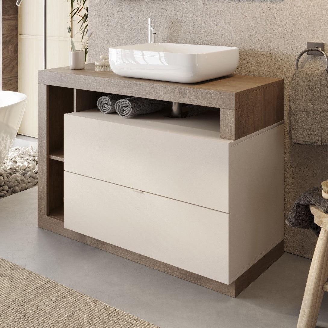 Lorenzo Cashmere and Mercure Oak 2 Drawer 1100mm Free Standing Vanity Unit with Basin - FurniComp