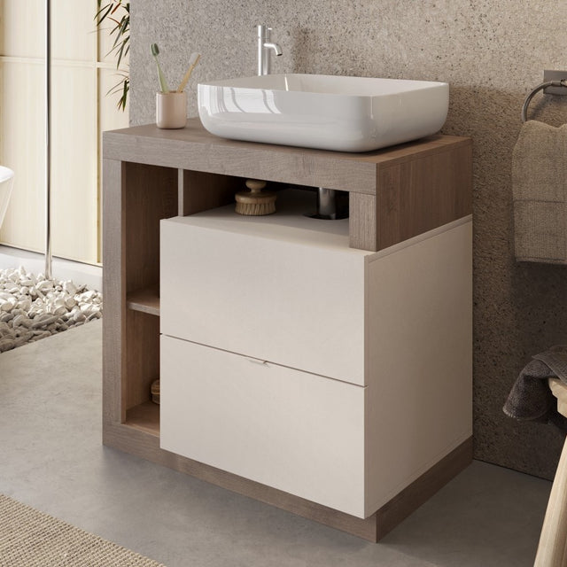 Lorenzo Cashmere and Mercure Oak 2 Drawer 790mm Free Standing Vanity Unit with Basin - FurniComp