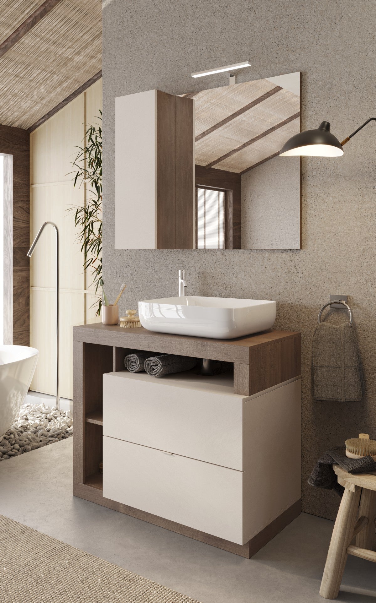 Lorenzo Cashmere and Mercure Oak 2 Drawer 920mm Free Standing Vanity Unit with Basin - FurniComp