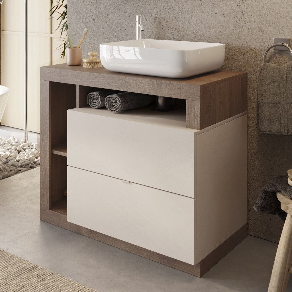 Lorenzo Cashmere and Mercure Oak 2 Drawer 920mm Free Standing Vanity Unit with Basin - FurniComp
