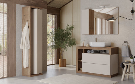 Lorenzo 92cm Cashmere and Mercure Oak Mirrored Bathroom Cabinet With LED Light - FurniComp
