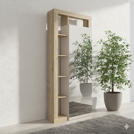 Lorenzo Cashmere and Natural Oak 1 Door Mirrored Tall Narrow Hallway Wardrobe - FurniComp