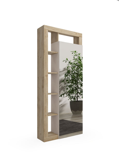 Lorenzo Cashmere and Natural Oak 1 Door Mirrored Tall Narrow Hallway Wardrobe - FurniComp