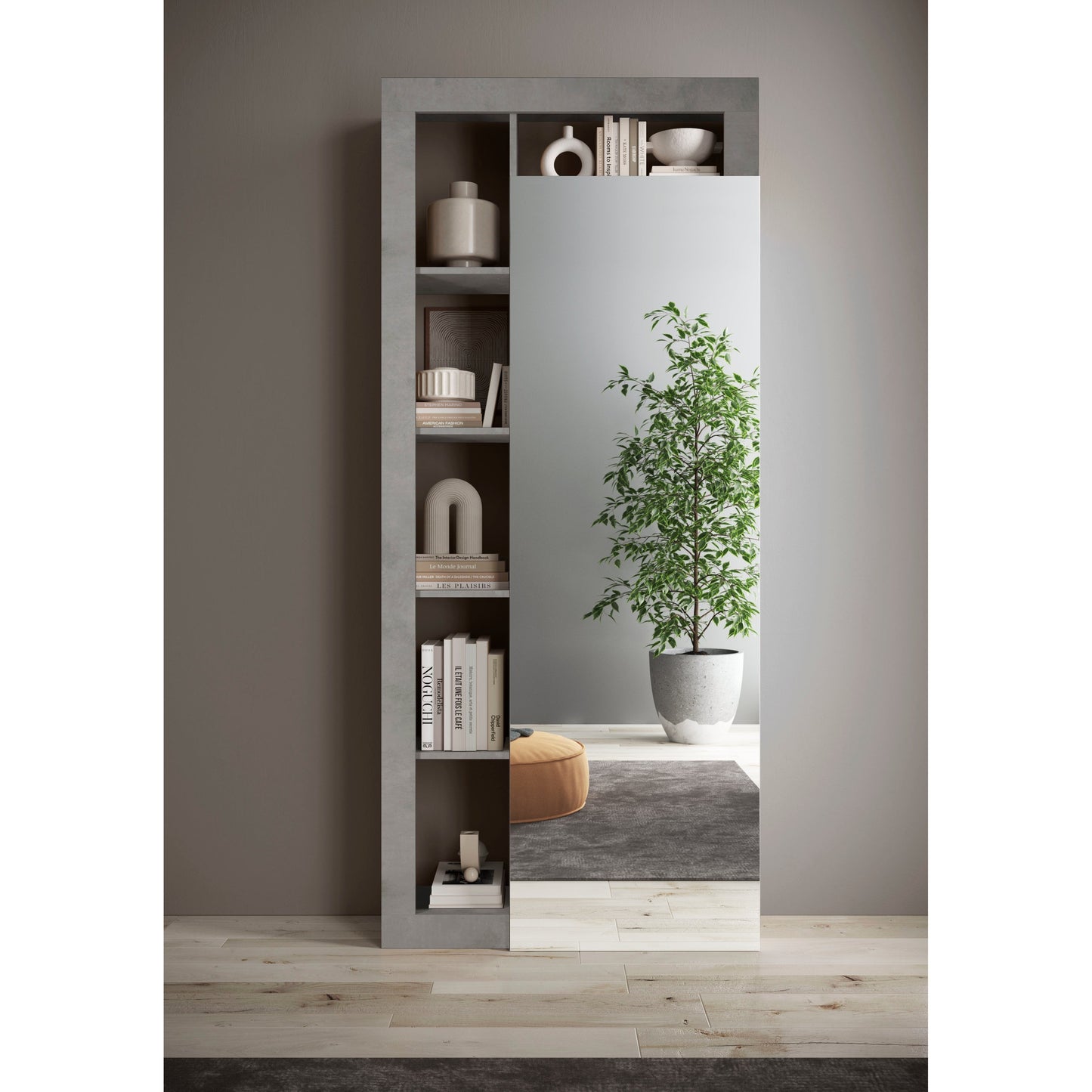 Lorenzo Concrete Grey 1 Door Mirrored Tall Narrow Hallway Wardrobe - FurniComp