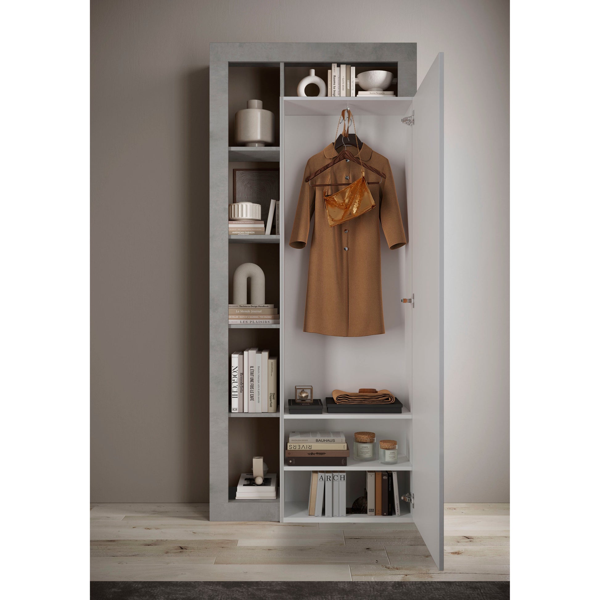 Lorenzo Concrete Grey 1 Door Mirrored Tall Narrow Hallway Wardrobe - FurniComp