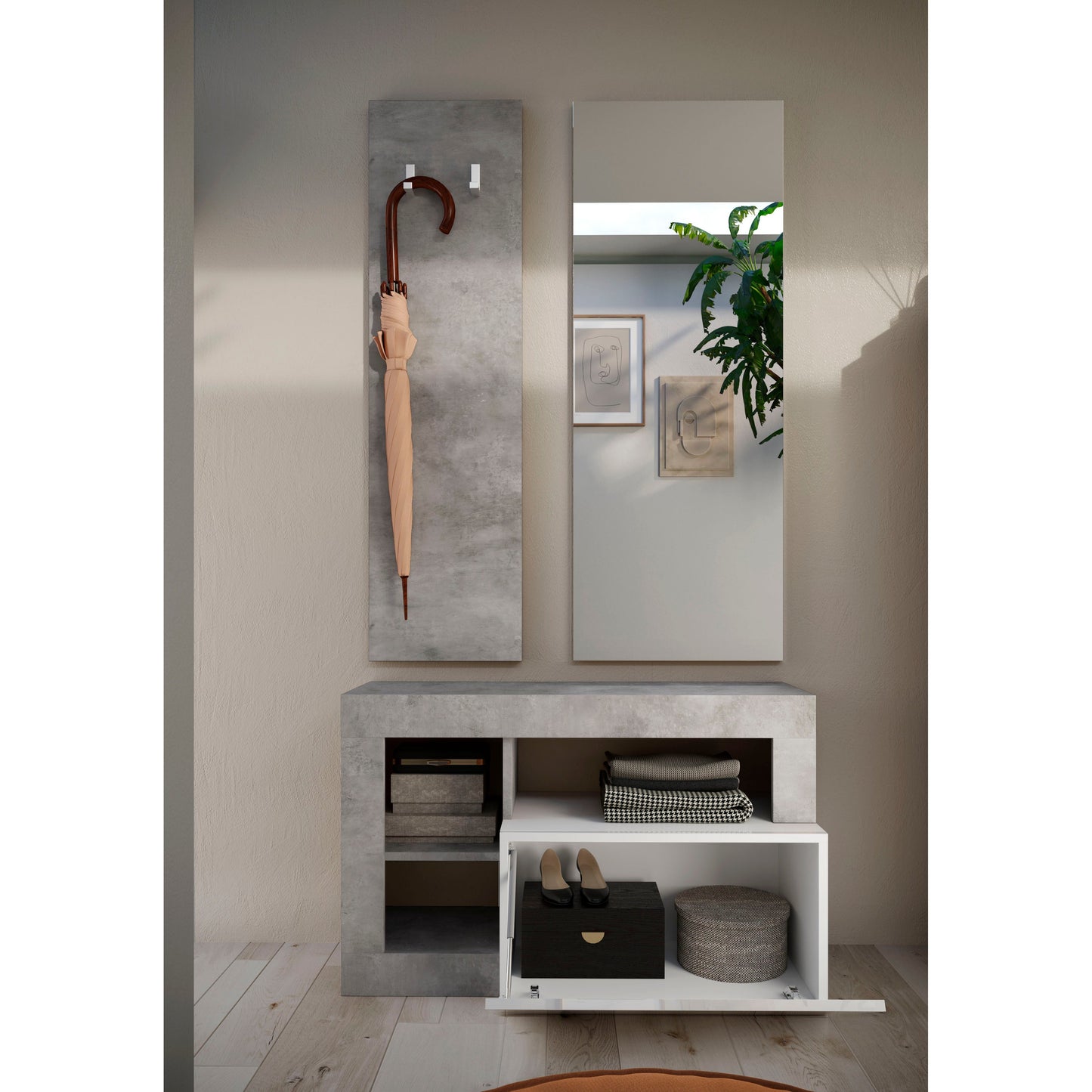 Lorenzo White Gloss and Concrete Grey Shoe Storage Bench With Flap Door - FurniComp