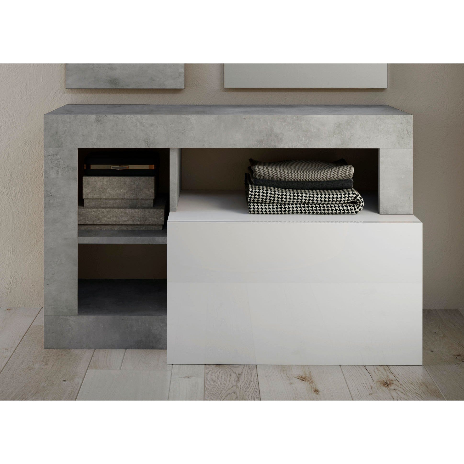 Lorenzo White Gloss and Concrete Grey Shoe Storage Bench With Flap Door - FurniComp