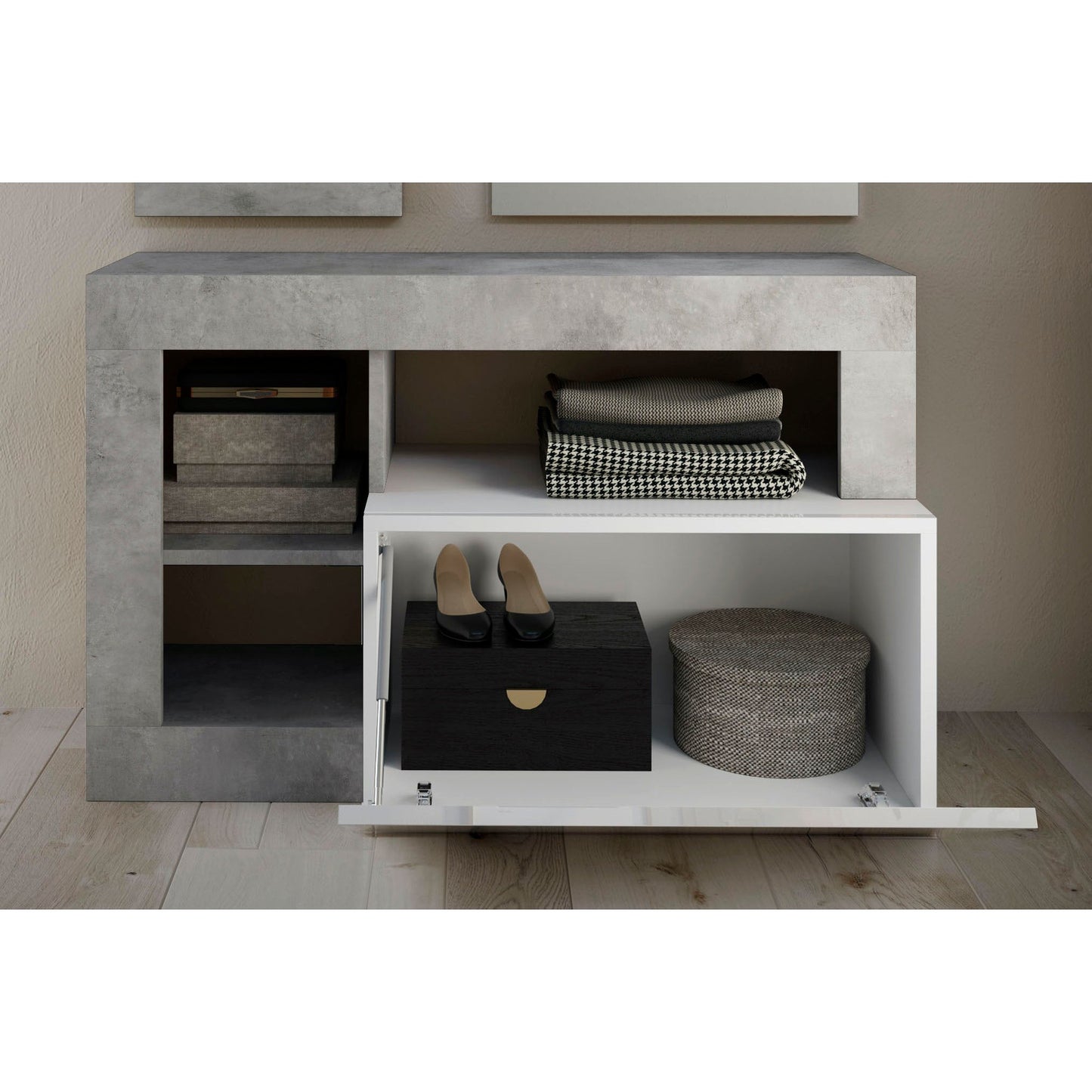 Lorenzo White Gloss and Concrete Grey Shoe Storage Bench With Flap Door - FurniComp