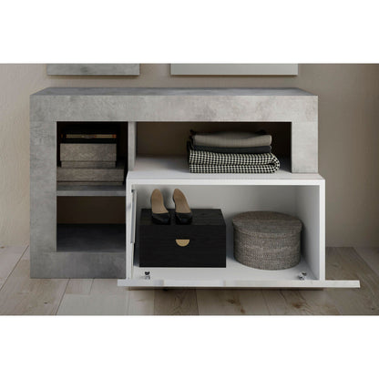 Lorenzo White Gloss and Concrete Grey Shoe Storage Bench With Flap Door - FurniComp