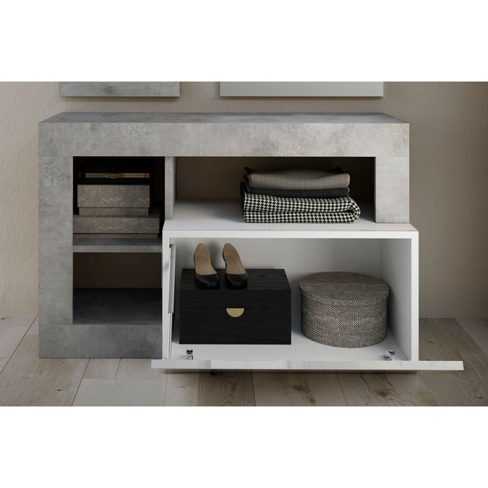 Lorenzo White Gloss and Concrete Grey Shoe Storage Bench With Flap Door - FurniComp