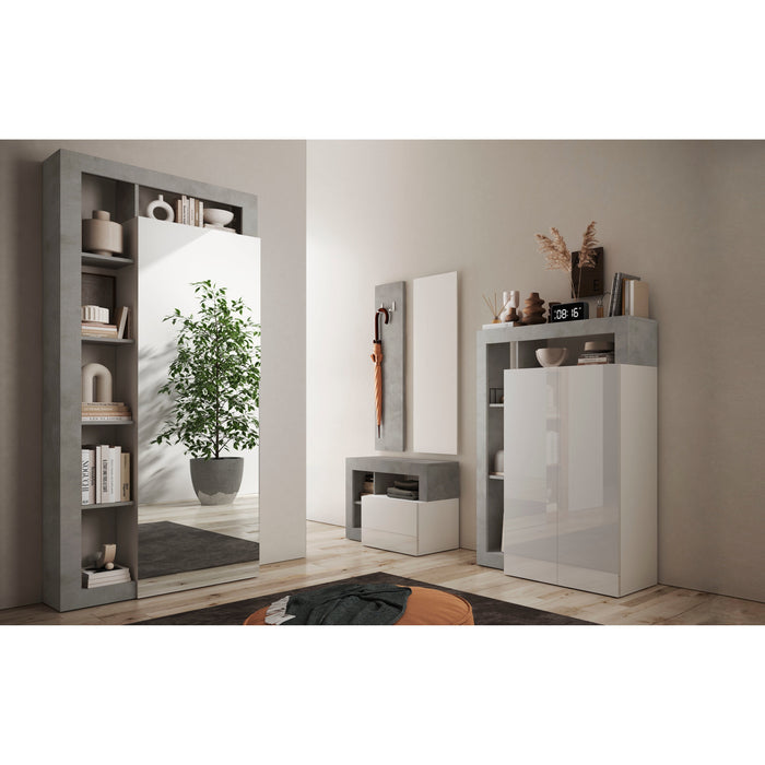 Lorenzo White Gloss and Concrete Grey Shoe Storage Bench With Flap Door - FurniComp