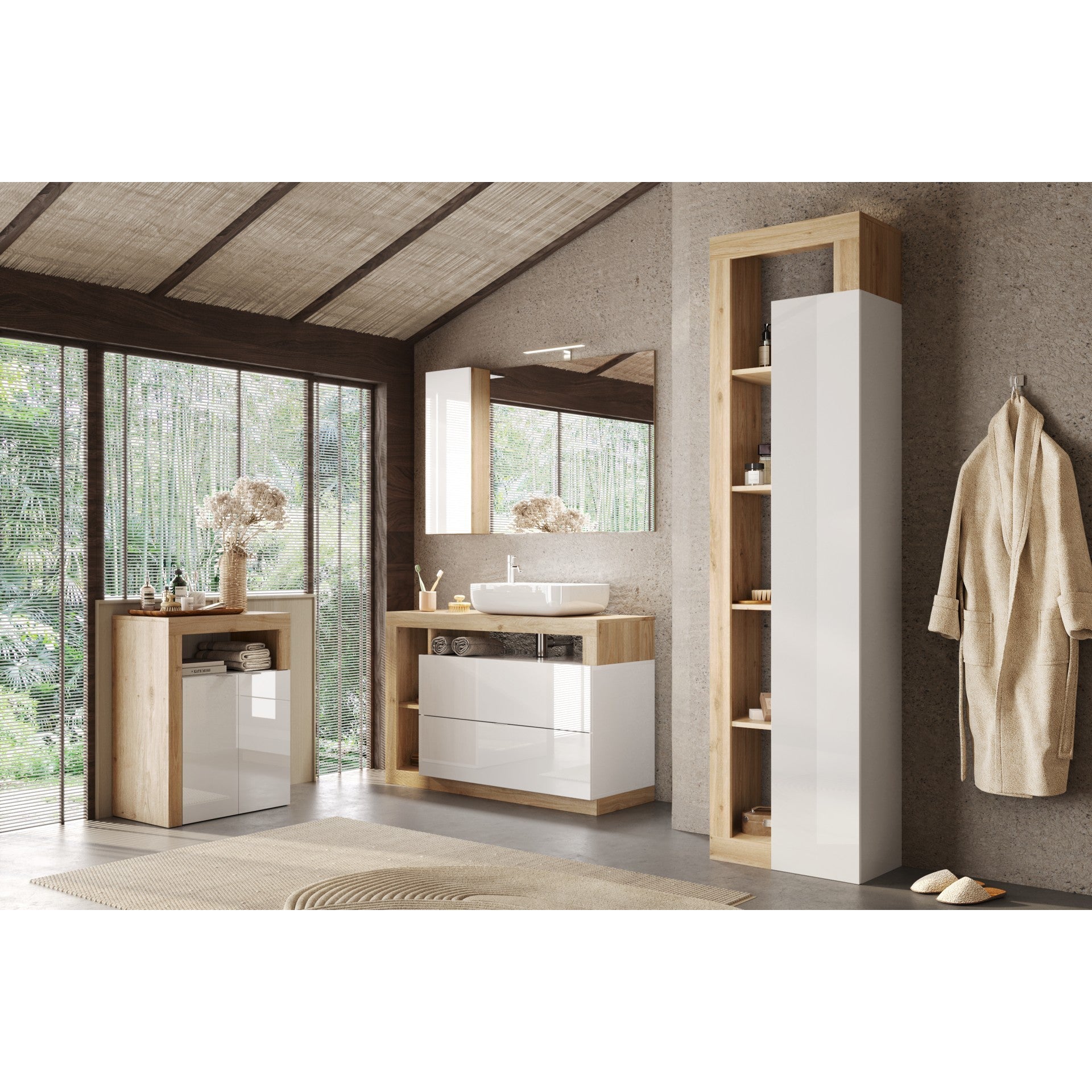 Selene 2 Door 1 Drawer Tall Cadiz Oak Free-Standing Rotating Bathroom Cabinet - FurniComp