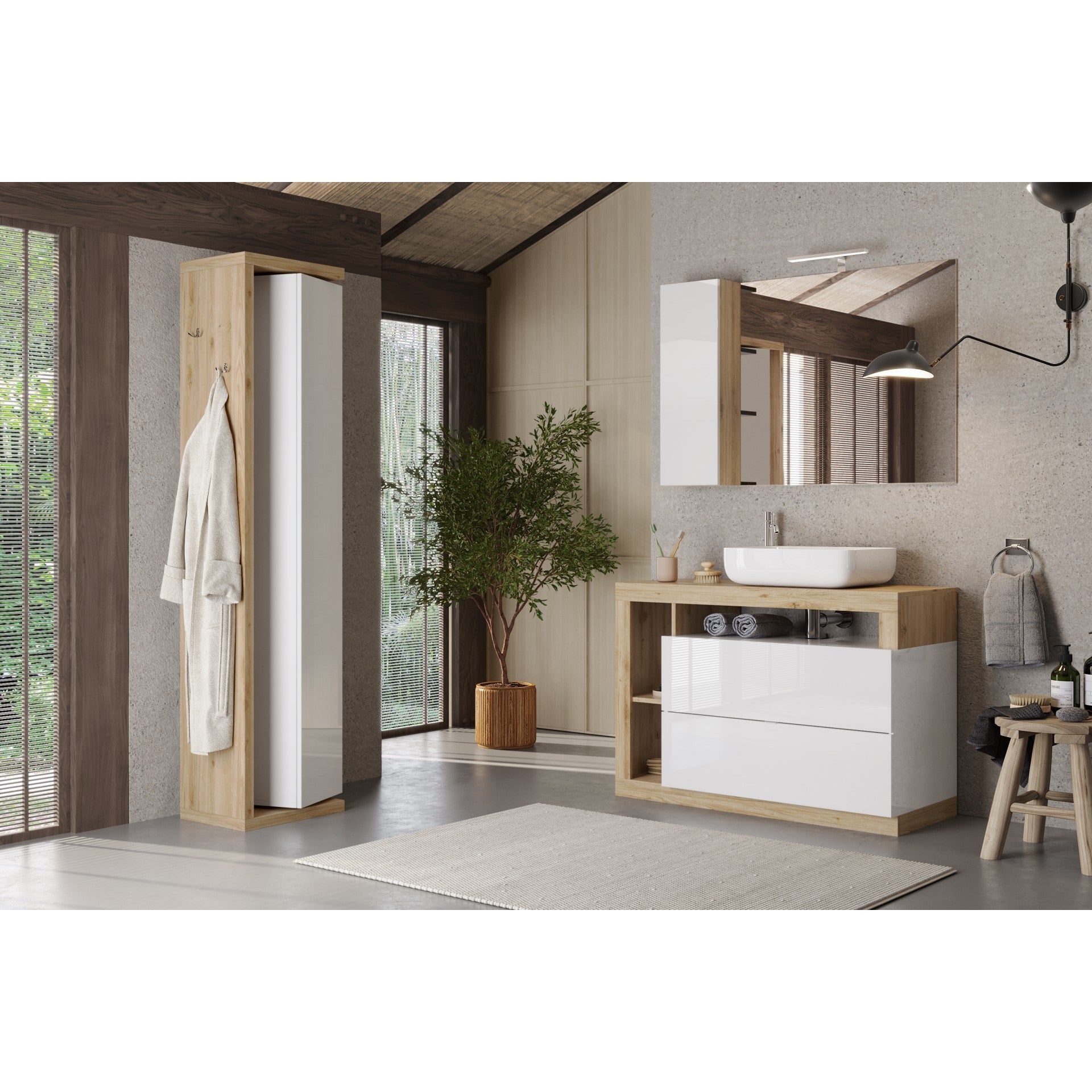 Selene 2 Door 1 Drawer Tall Cadiz Oak Free-Standing Rotating Bathroom Cabinet - FurniComp