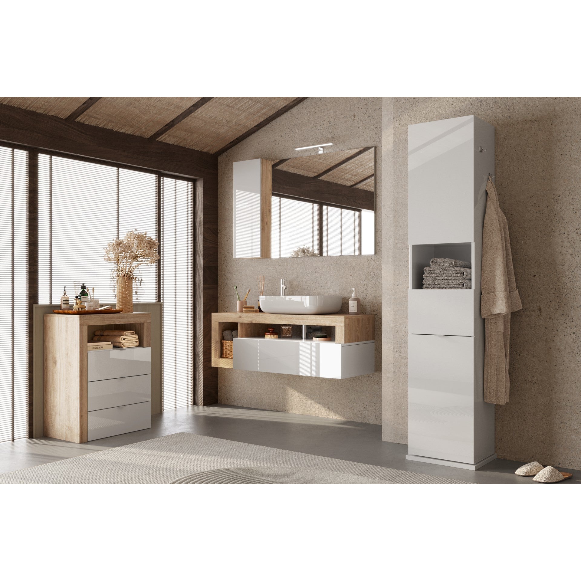 Selene 2 Door 1 Drawer Tall Cadiz Oak Free-Standing Rotating Bathroom Cabinet - FurniComp