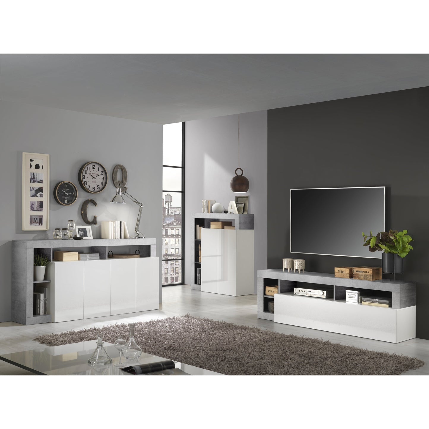 Lorenzo 4 Door White Gloss and Concrete Grey Sideboard - FurniComp