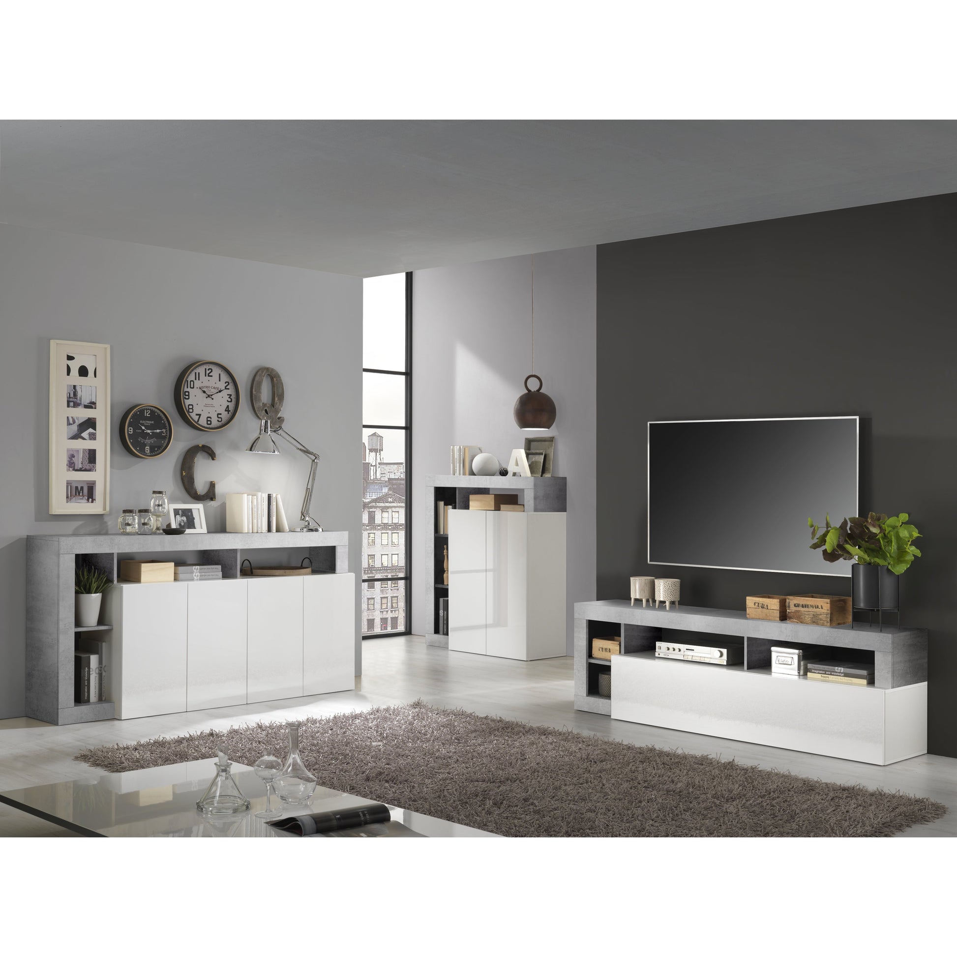 Lorenzo 184cm White Gloss and Concrete Grey TV Stand - FurniComp