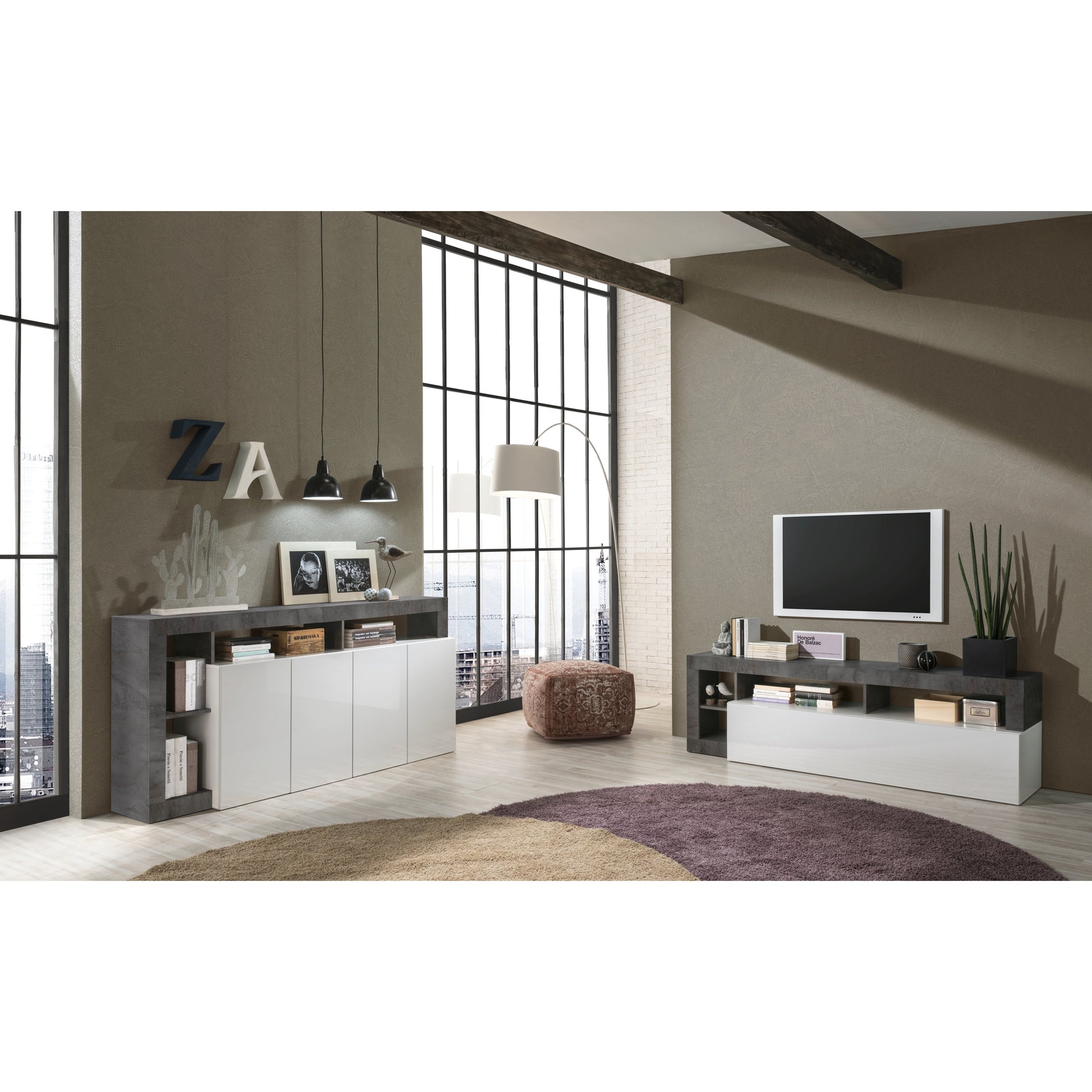 Lorenzo 2 Door 3 Drawer White Gloss and Anthracite Sideboard - FurniComp