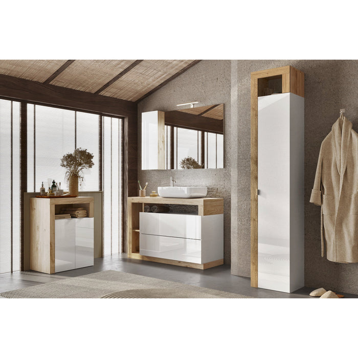 Lorenzo 1 Door White Gloss and Cadiz Oak Tall Bathroom Storage Cupboard - FurniComp