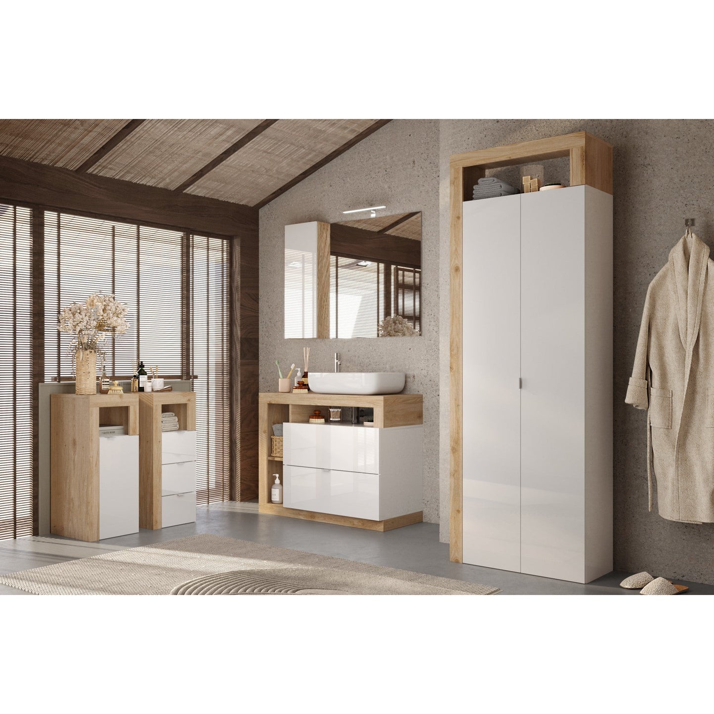 Lorenzo 1 Door White Gloss and Cadiz Oak Small Bathroom Storage Cabinet - FurniComp