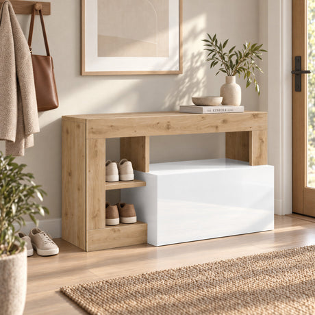 Lorenzo White Gloss and Cadiz Oak Shoe Storage Bench With Flap Door - FurniComp