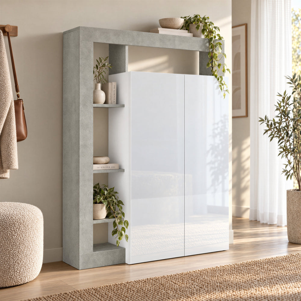 Lorenzo White Gloss and Concrete Grey Large Shoe Storage Cabinet - FurniComp