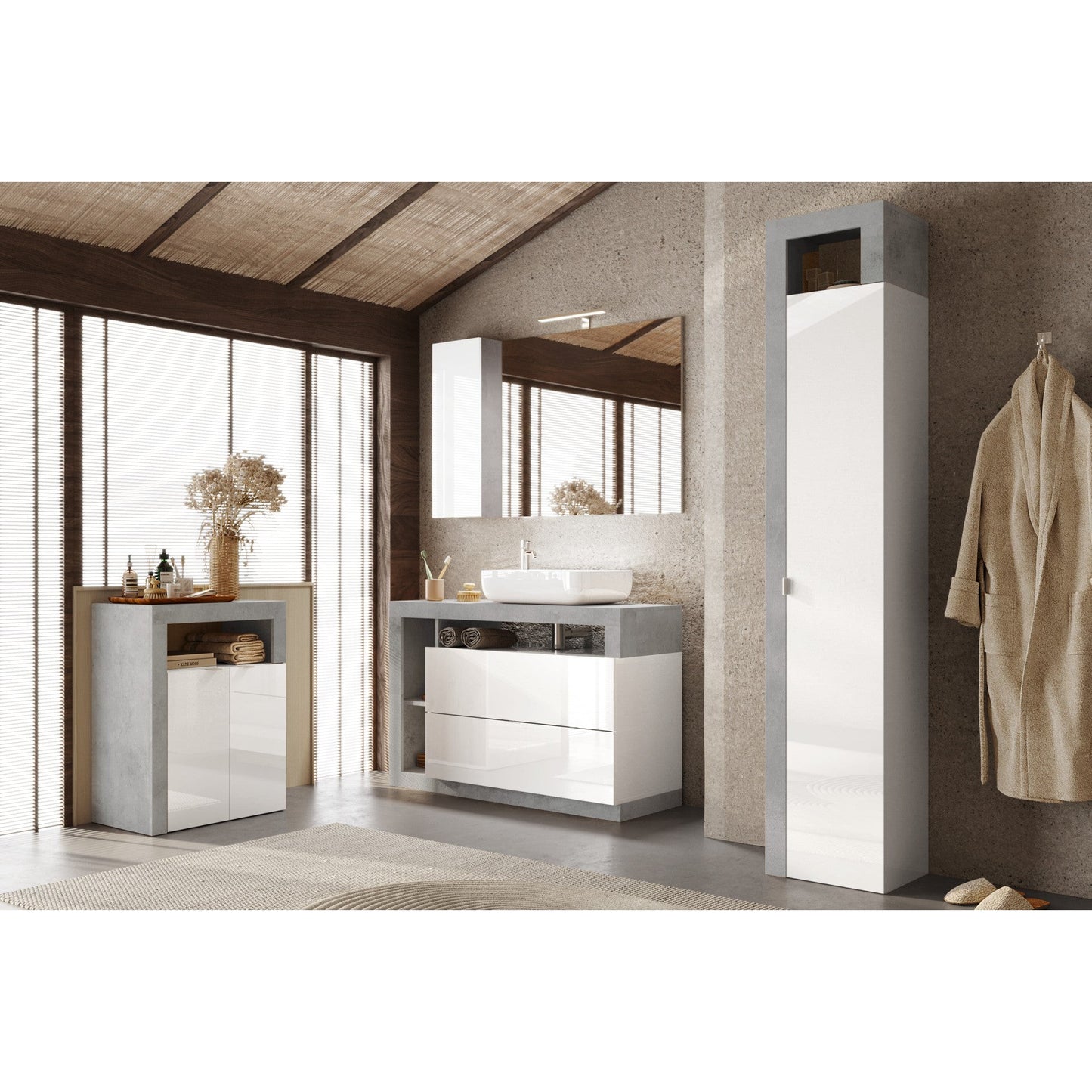 Lorenzo 1 Door White Gloss and Concrete Grey Small Bathroom Storage Cabinet - FurniComp