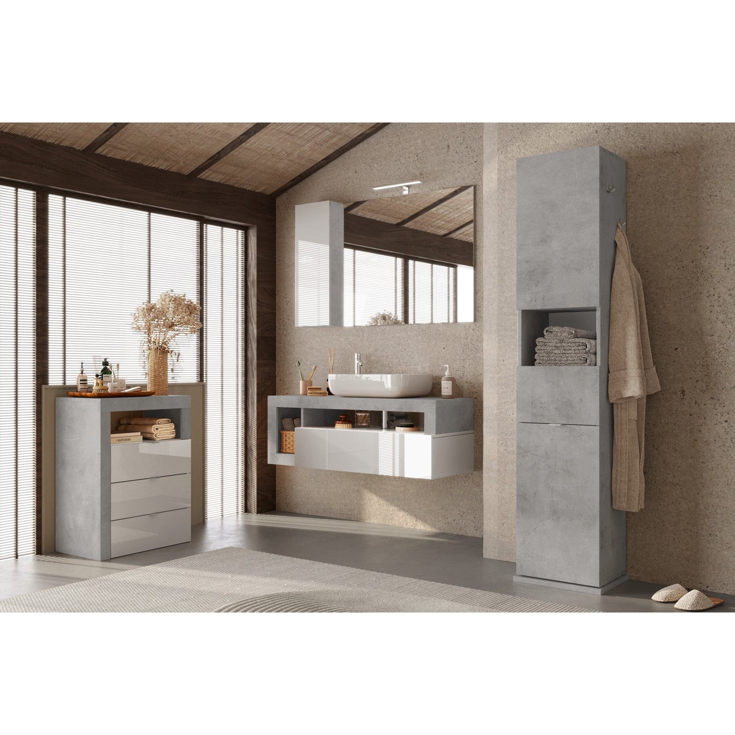 Lorenzo 3 Drawer White Gloss and Concrete Grey Large Chest of Drawers - FurniComp