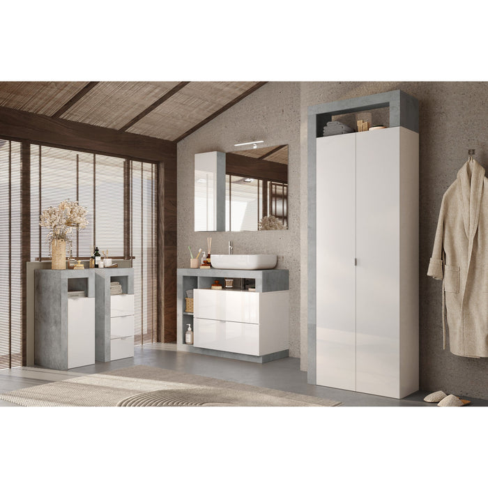 Lorenzo 1 Door White Gloss and Concrete Grey Tall Bathroom Storage Cupboard - FurniComp