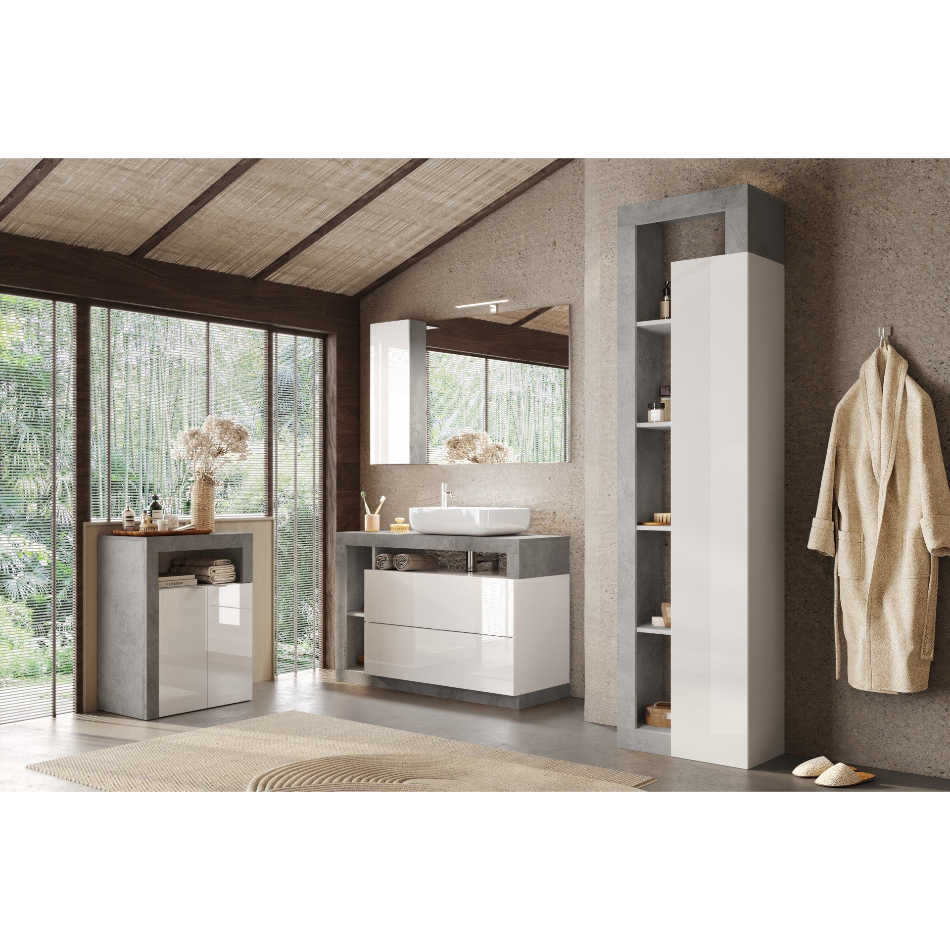 Lorenzo 1 Door White Gloss and Concrete Grey Small Bathroom Storage Cabinet - FurniComp