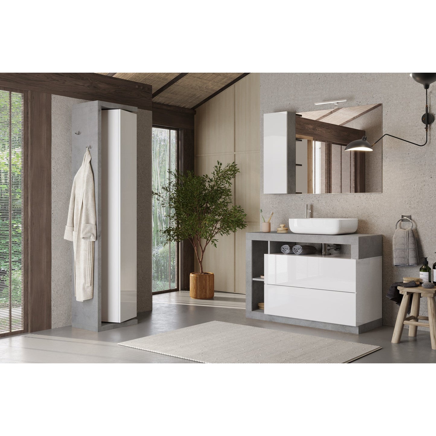 Lorenzo 1 Door White Gloss and Concrete Grey Small Bathroom Storage Cabinet - FurniComp