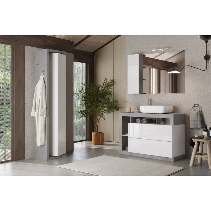Lorenzo 2 Door White Gloss and Concrete Grey Tall Bathroom Storage Cupboard - FurniComp
