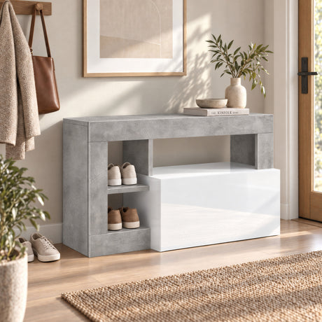 Lorenzo White Gloss and Concrete Grey Shoe Storage Bench With Flap Door - FurniComp
