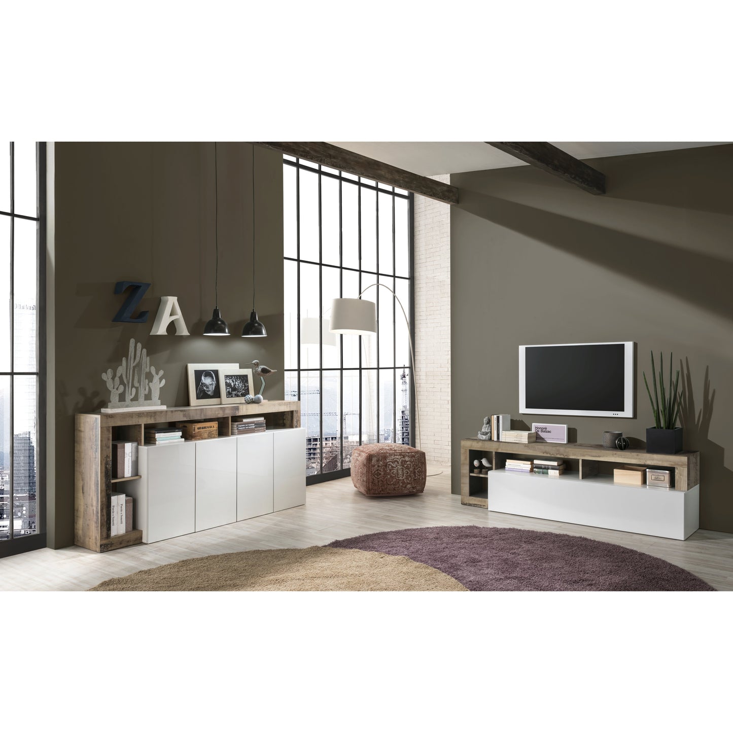 Lorenzo 2 Door 3 Drawer White Gloss and Natural Oak Sideboard - FurniComp