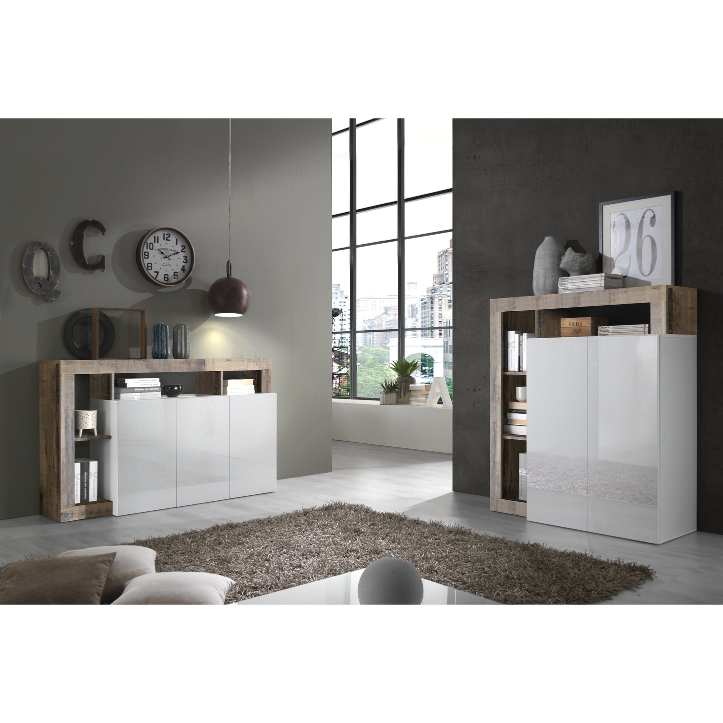 Lorenzo 2 Door 3 Drawer White Gloss and Natural Oak Sideboard - FurniComp