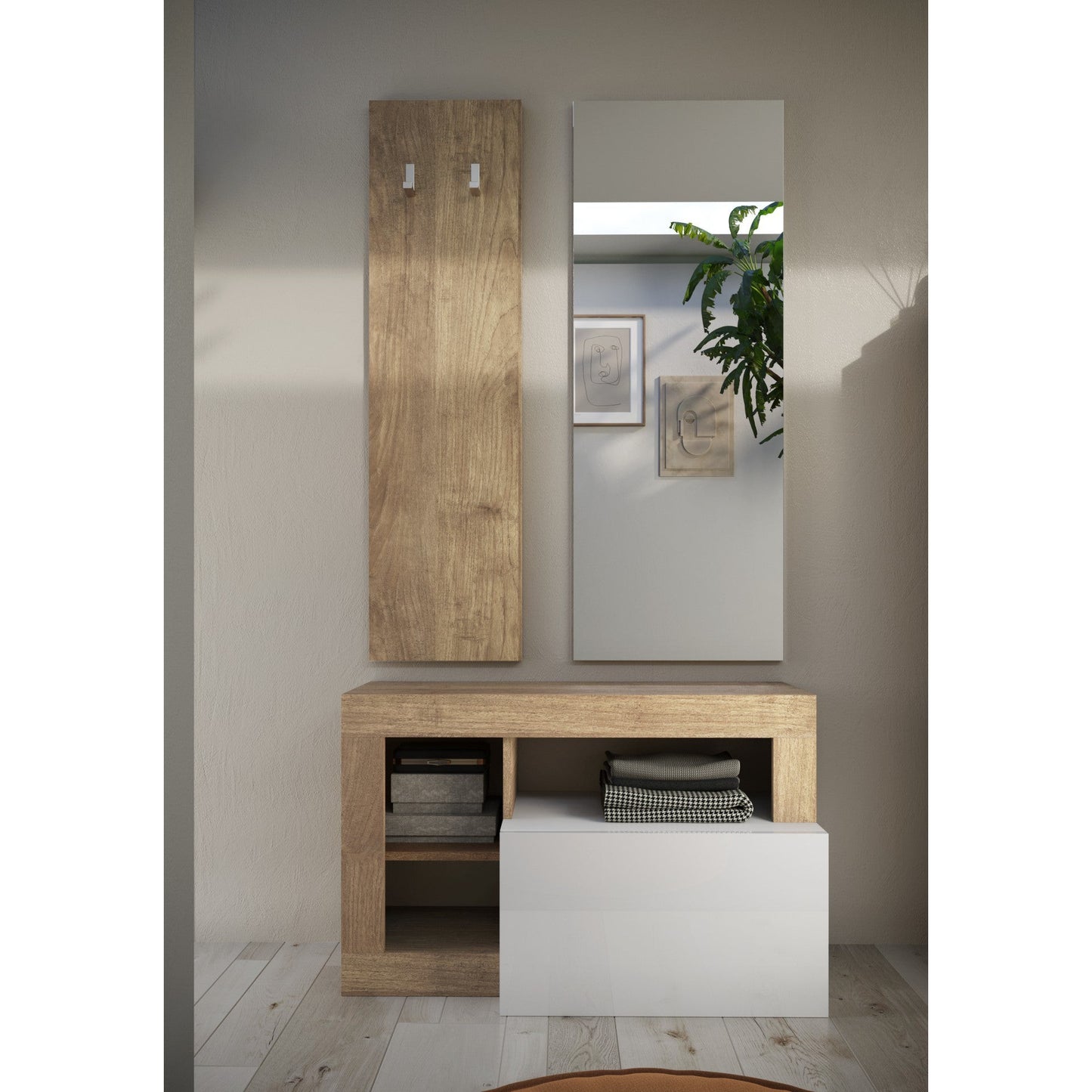 Lorenzo White Gloss and Cadiz Oak Shoe Storage Bench With Flap Door - FurniComp