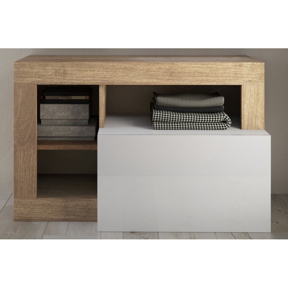 Lorenzo White Gloss and Cadiz Oak Shoe Storage Bench With Flap Door - FurniComp