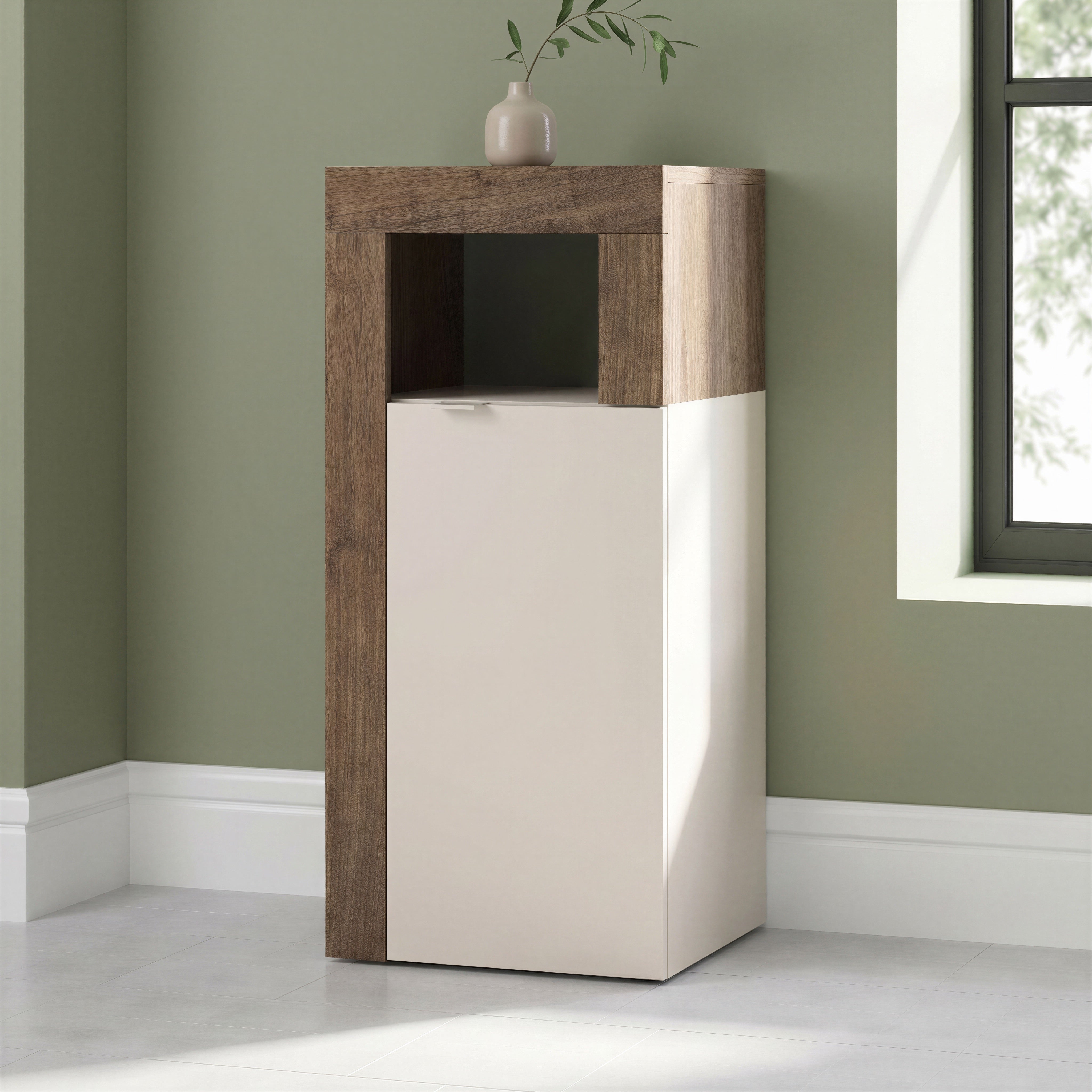Lorenzo 1 Door Cashmere and Mercure Oak Small Bathroom Storage Cabinet - FurniComp