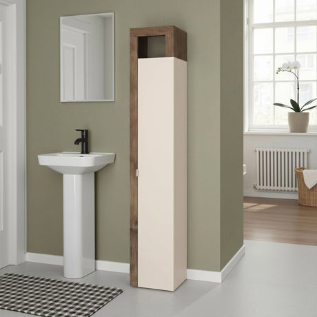 Lorenzo 1 Door Cashmere and Mercure Oak Tall Bathroom Storage Cupboard - FurniComp