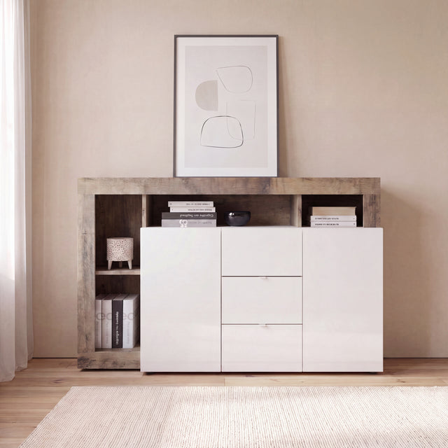 Lorenzo 2 Door 3 Drawer White Gloss and Natural Oak Sideboard - FurniComp