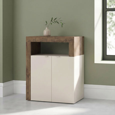 Lorenzo 2 Door Cashmere and Mercure Oak Large Bathroom Storage Cabinet - FurniComp