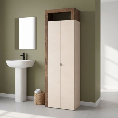 Lorenzo 2 Door Cashmere and Mercure Oak Tall Bathroom Storage Cupboard - FurniComp