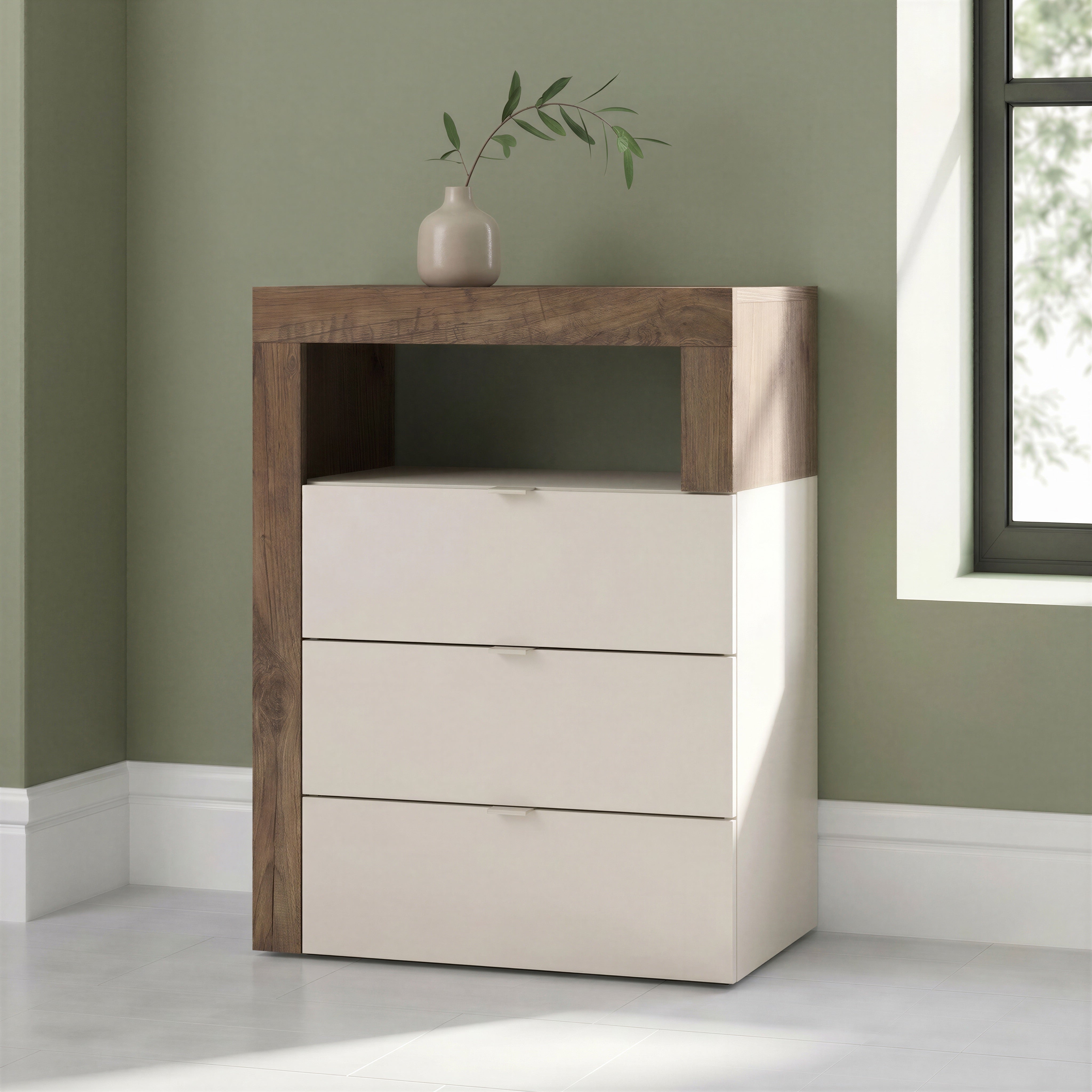 Lorenzo 3 Drawer Cashmere and Mercure Oak Large Chest of Drawers - FurniComp