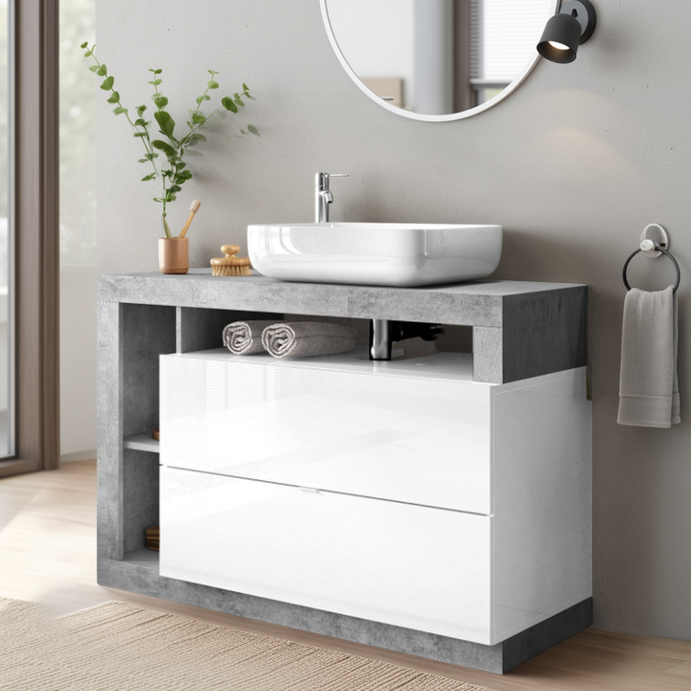 Lorenzo White Gloss & Concrete Grey 2 Drawer 1100mm Free Standing Vanity Unit with Basin - FurniComp
