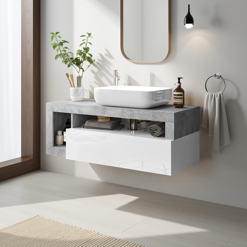 Lorenzo White Gloss & Concrete Grey 1 Drawer 1100mm Wall Hung Vanity Unit with Basin - FurniComp