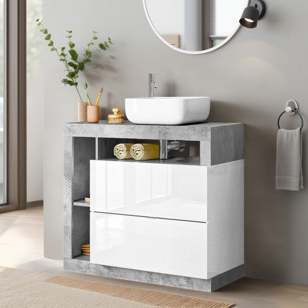 Lorenzo White Gloss & Concrete Grey 2 Drawer 920mm Free Standing Vanity Unit with Basin - FurniComp