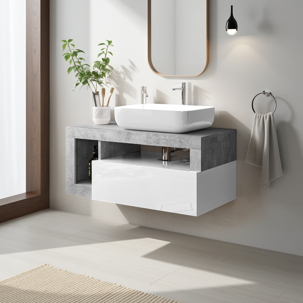 Lorenzo White Gloss & Concrete Grey 1 Drawer 920mm Wall Hung Vanity Unit with Basin - FurniComp