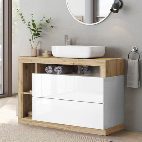 Lorenzo White Gloss & Cadiz Oak 2 Drawer 1100mm Free Standing Vanity Unit with Basin - FurniComp