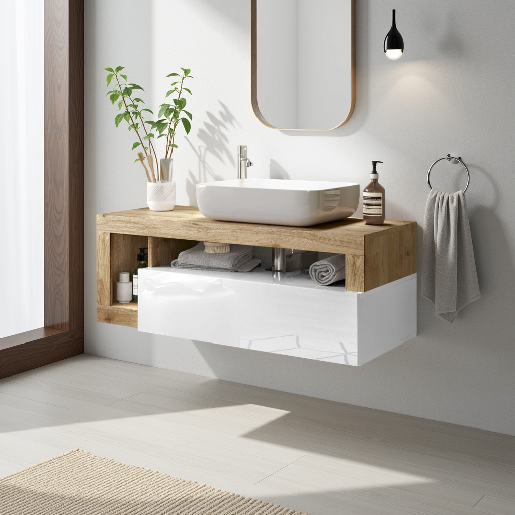 Lorenzo White Gloss & Cadiz Oak 1 Drawer 1100mm Wall Hung Vanity Unit with Basin - FurniComp